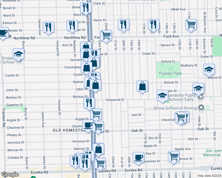 map of restaurants, bars, coffee shops, grocery stores, and more near 2411 22nd Street in Wyandotte