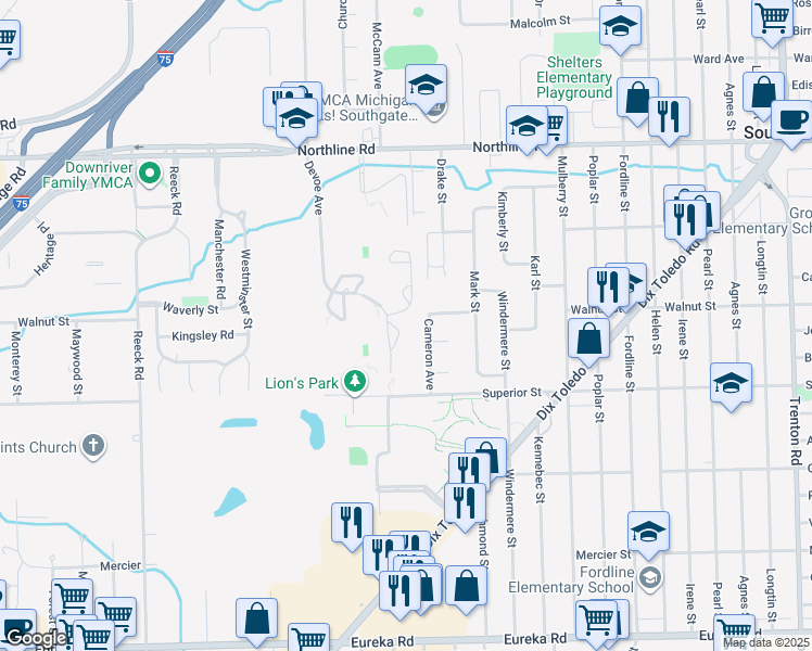 map of restaurants, bars, coffee shops, grocery stores, and more near 13601 Greenfield Way in Southgate