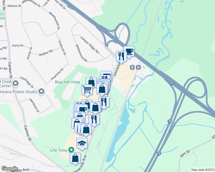 map of restaurants, bars, coffee shops, grocery stores, and more near 101 University Avenue in Westwood