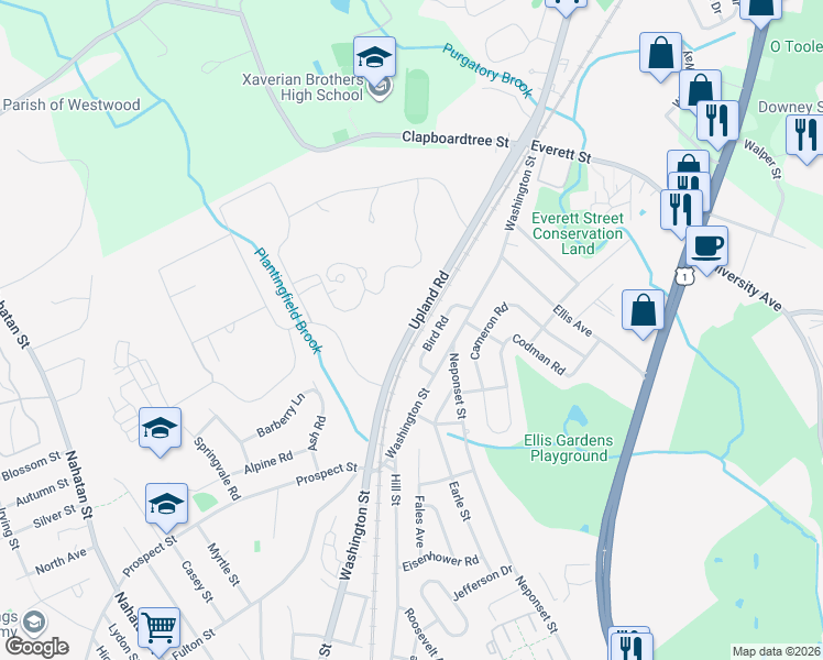 map of restaurants, bars, coffee shops, grocery stores, and more near 63 Upland Road in Norwood
