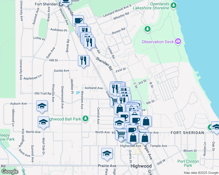 map of restaurants, bars, coffee shops, grocery stores, and more near 338 Ashland Avenue in Highwood