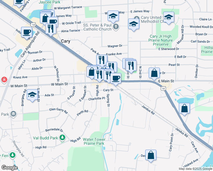 map of restaurants, bars, coffee shops, grocery stores, and more near 12 Spring Street in Cary