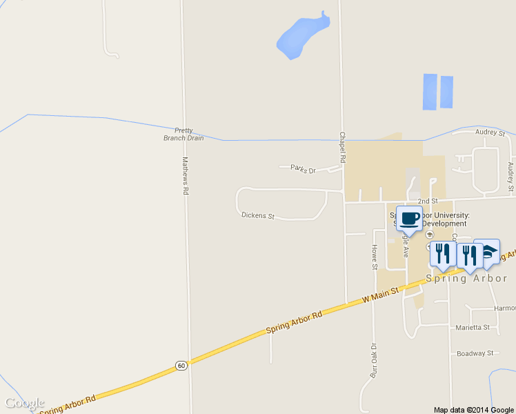 map of restaurants, bars, coffee shops, grocery stores, and more near 51 Dickens Street in Spring Arbor