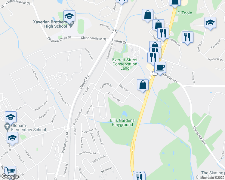 map of restaurants, bars, coffee shops, grocery stores, and more near 50 Cameron Road in Norwood