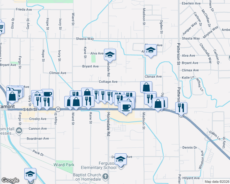 map of restaurants, bars, coffee shops, grocery stores, and more near 5437 Miller Avenue in Klamath Falls