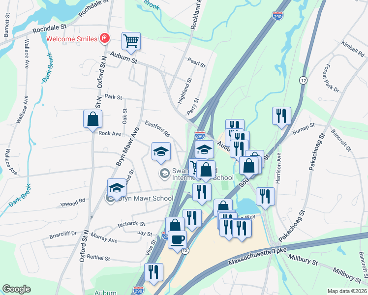 map of restaurants, bars, coffee shops, grocery stores, and more near 31 Eastford Road in Auburn