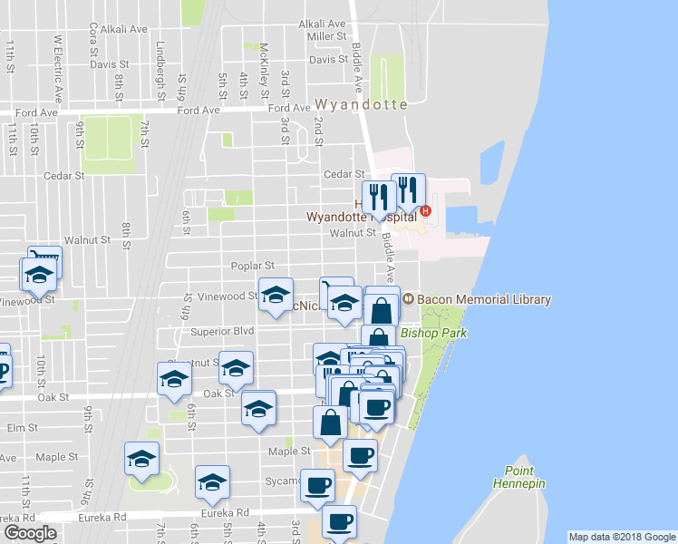 map of restaurants, bars, coffee shops, grocery stores, and more near 131 Poplar Street in Wyandotte