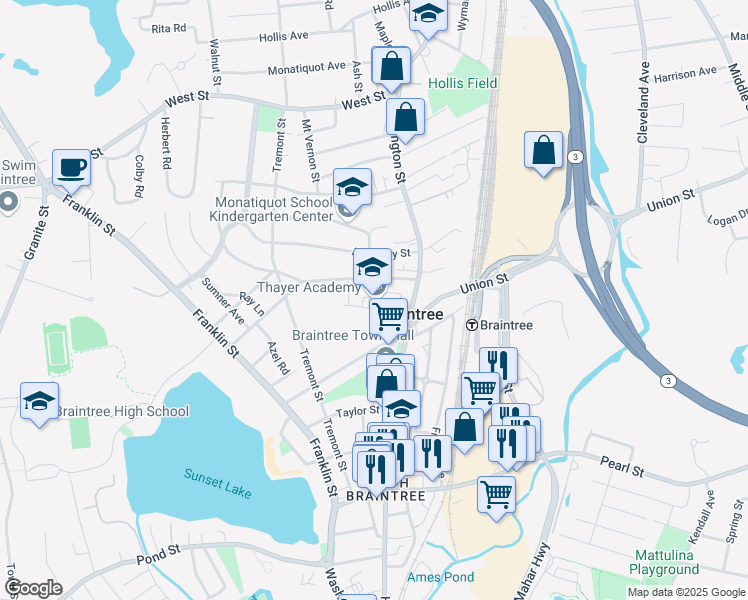 map of restaurants, bars, coffee shops, grocery stores, and more near 745 Washington Street in Braintree