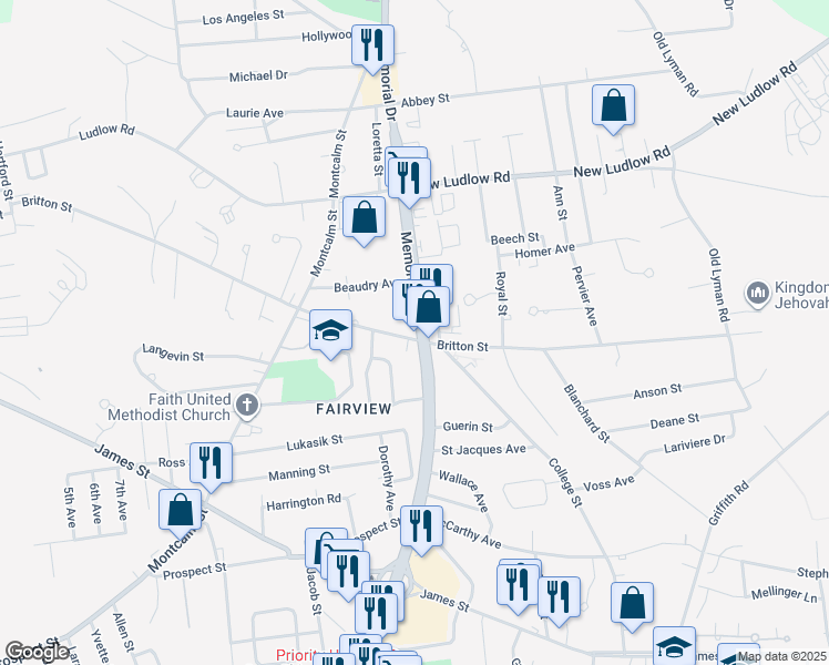 map of restaurants, bars, coffee shops, grocery stores, and more near 1890 Memorial Drive in Chicopee