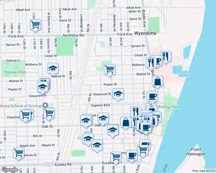 map of restaurants, bars, coffee shops, grocery stores, and more near 421 Poplar Street in Wyandotte