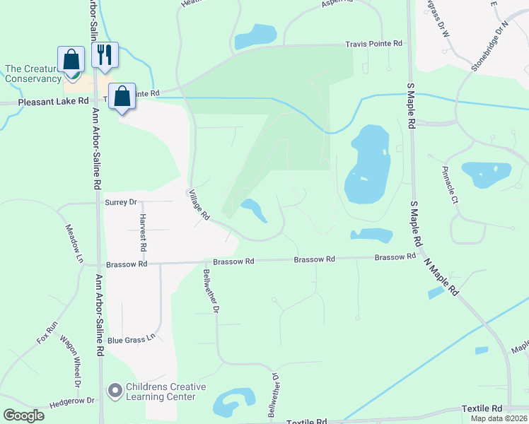 map of restaurants, bars, coffee shops, grocery stores, and more near 5415 Village Road in Saline
