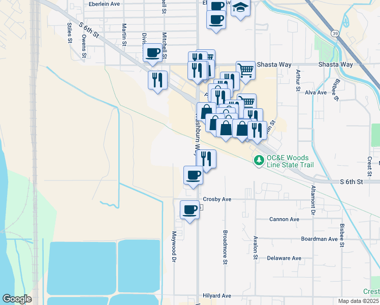map of restaurants, bars, coffee shops, grocery stores, and more near 2128 Washburn Way in Klamath Falls