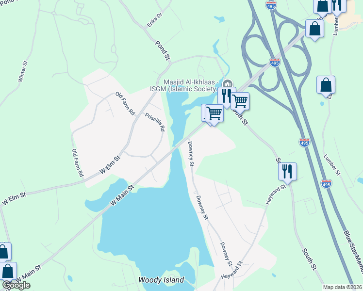 map of restaurants, bars, coffee shops, grocery stores, and more near 175 West Main Street in Hopkinton
