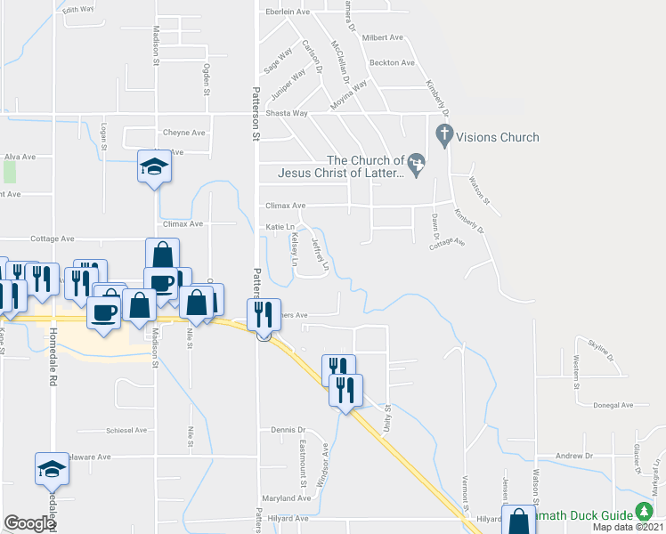 map of restaurants, bars, coffee shops, grocery stores, and more near 2161 Jeffrey Lane in Klamath Falls