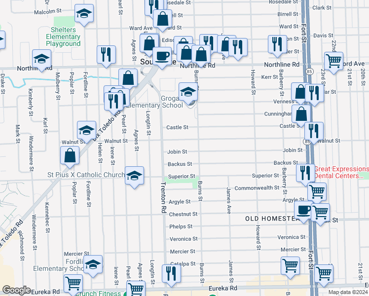 map of restaurants, bars, coffee shops, grocery stores, and more near 13710 Jobin Street in Southgate