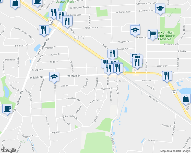 map of restaurants, bars, coffee shops, grocery stores, and more near 303 West Main Street in Cary