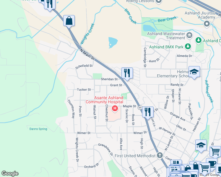 map of restaurants, bars, coffee shops, grocery stores, and more near 290 Grant Street in Ashland