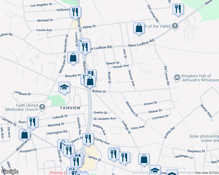 map of restaurants, bars, coffee shops, grocery stores, and more near 84 Royal Street in Chicopee