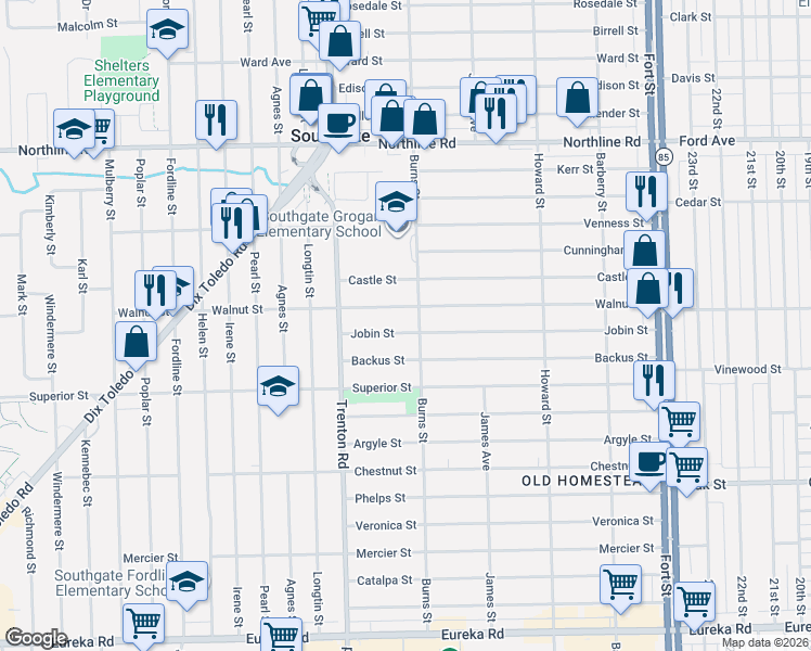 map of restaurants, bars, coffee shops, grocery stores, and more near 13710 Jobin Street in Southgate
