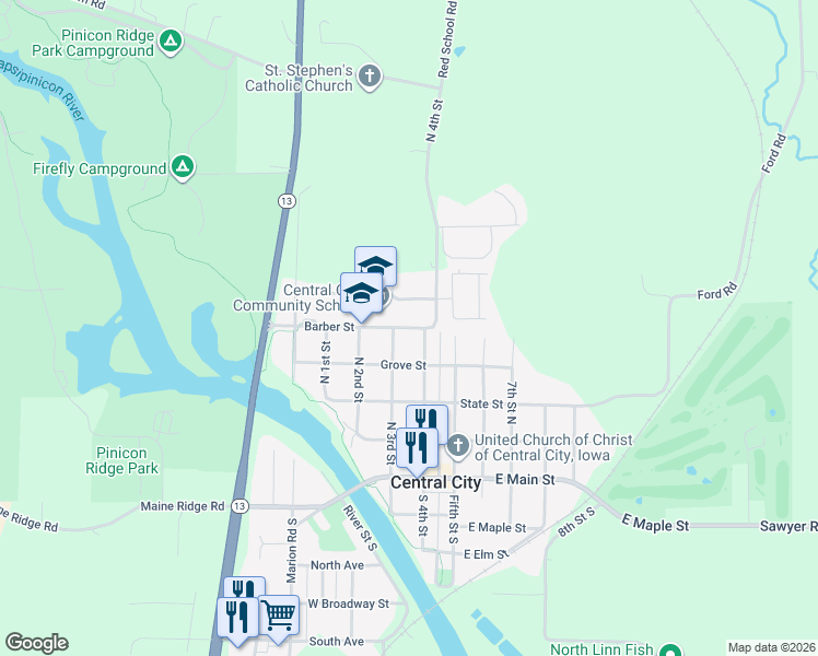 map of restaurants, bars, coffee shops, grocery stores, and more near 400 Barber Street in Central City