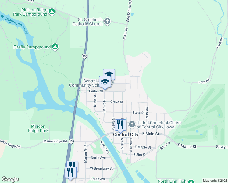 map of restaurants, bars, coffee shops, grocery stores, and more near 300 Barber Street in Central City