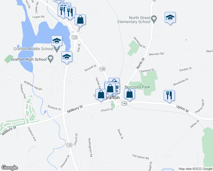 map of restaurants, bars, coffee shops, grocery stores, and more near 11 Worcester Street in Grafton