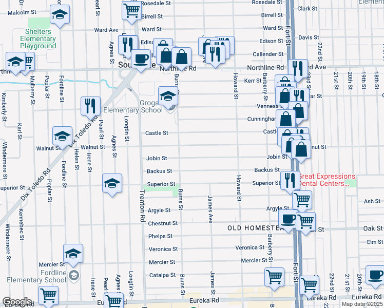 map of restaurants, bars, coffee shops, grocery stores, and more near 13460 Jobin Street in Southgate