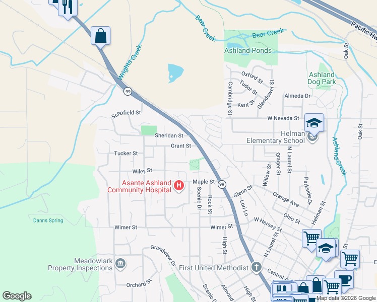 map of restaurants, bars, coffee shops, grocery stores, and more near 240 Grant Street in Ashland