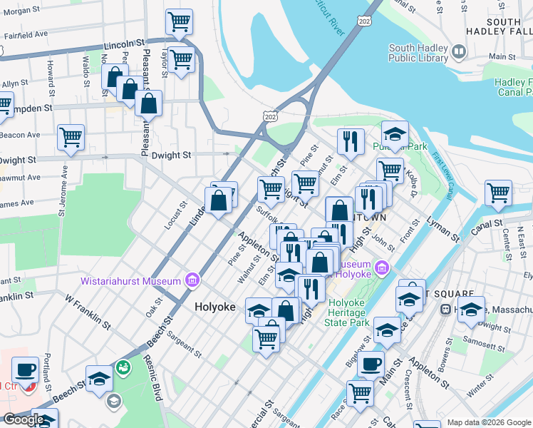 map of restaurants, bars, coffee shops, grocery stores, and more near 156 Pine Street in Holyoke