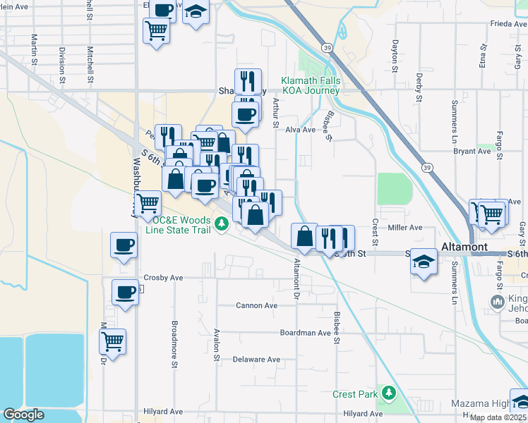 map of restaurants, bars, coffee shops, grocery stores, and more near 2130 Arthur Street in Klamath Falls