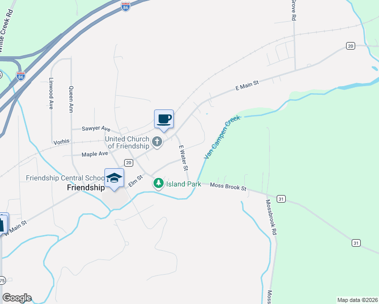 map of restaurants, bars, coffee shops, grocery stores, and more near 18 East Water Street in Friendship