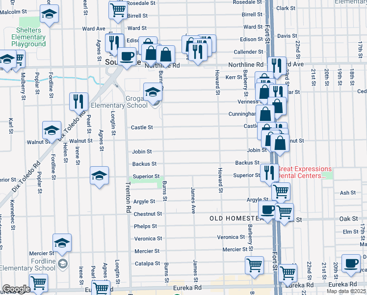 map of restaurants, bars, coffee shops, grocery stores, and more near 13460 Jobin Street in Southgate