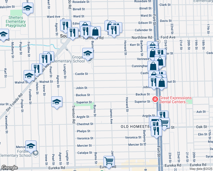 map of restaurants, bars, coffee shops, grocery stores, and more near 13460 Jobin Street in Southgate