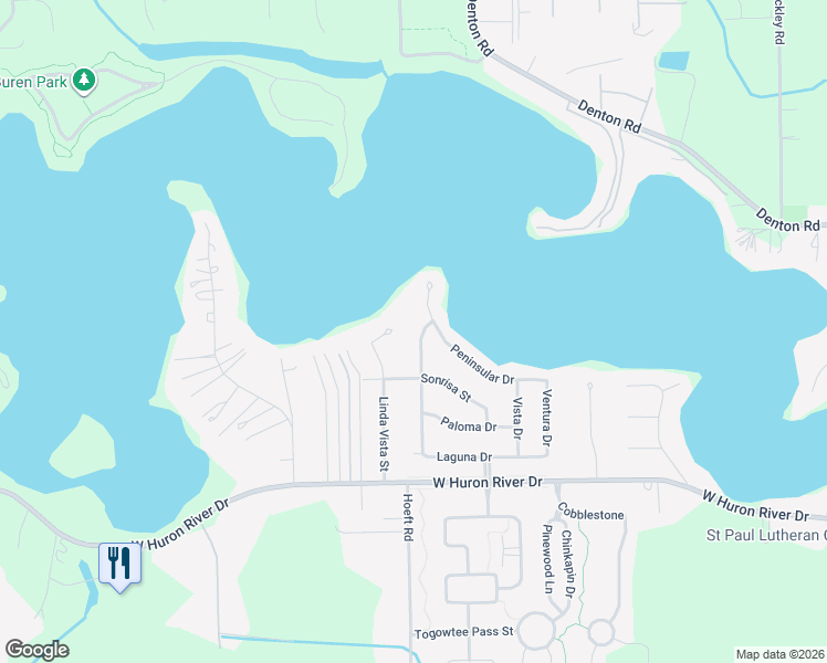 map of restaurants, bars, coffee shops, grocery stores, and more near 12832 Nautica Court in Van Buren Charter Township