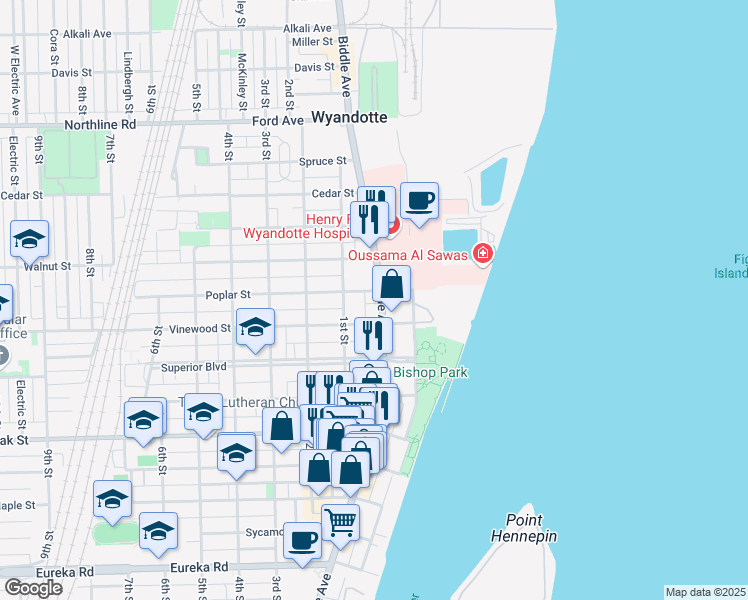 map of restaurants, bars, coffee shops, grocery stores, and more near 79 Poplar Street in Wyandotte