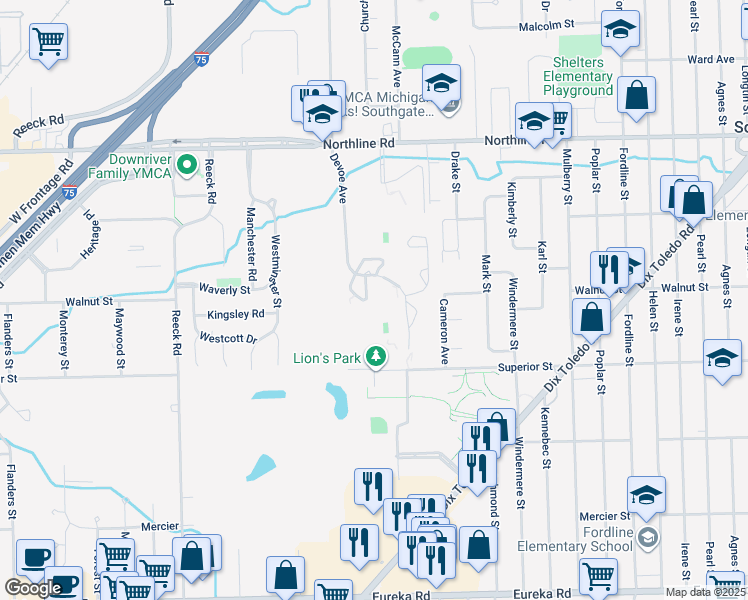 map of restaurants, bars, coffee shops, grocery stores, and more near 13410 Parkside Drive in Southgate