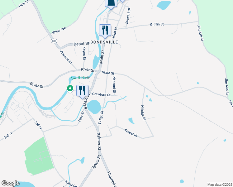 map of restaurants, bars, coffee shops, grocery stores, and more near 3049 Pleasant Street in Palmer