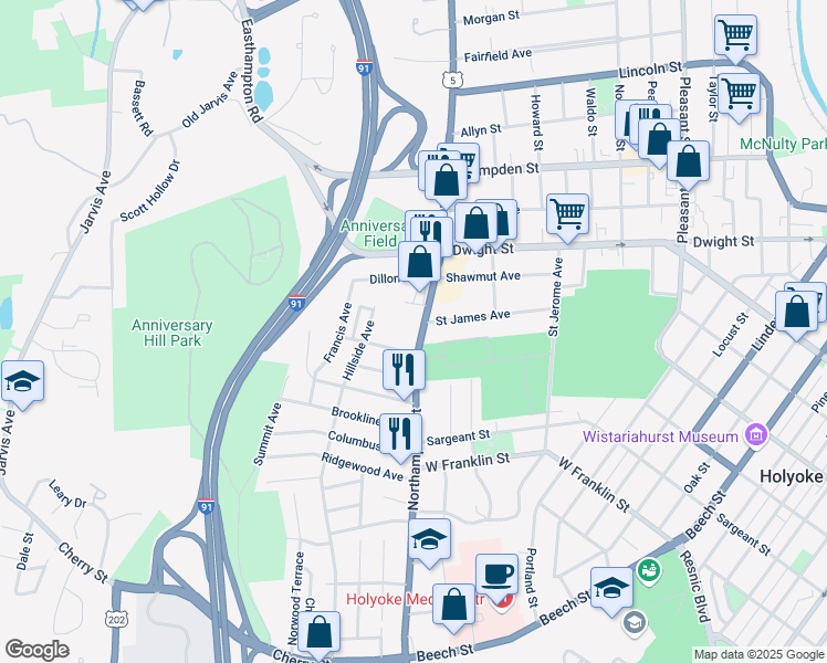 map of restaurants, bars, coffee shops, grocery stores, and more near 1653 Northampton Street in Holyoke