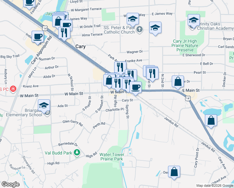 map of restaurants, bars, coffee shops, grocery stores, and more near in Cary