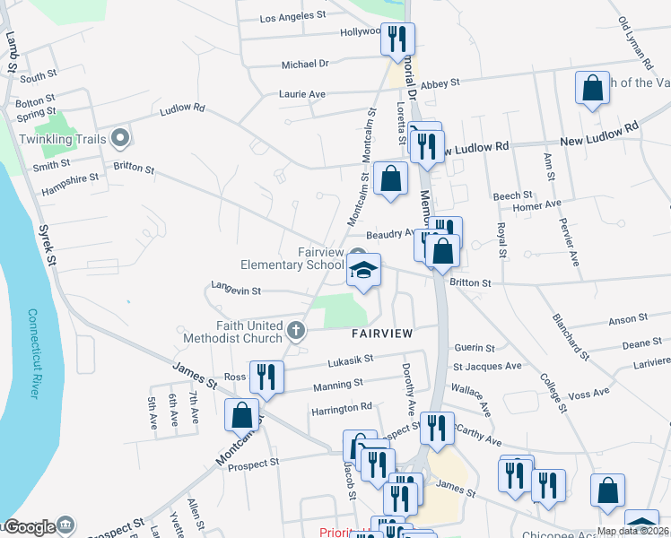 map of restaurants, bars, coffee shops, grocery stores, and more near 311 Montcalm Street in Chicopee
