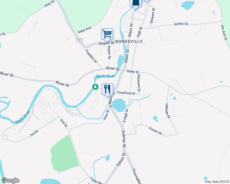 map of restaurants, bars, coffee shops, grocery stores, and more near 2 Crawford Street in Palmer