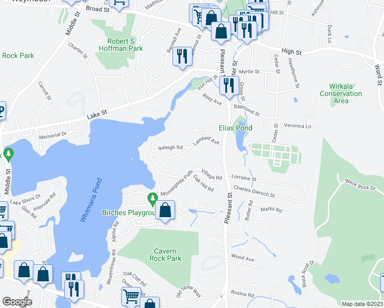 map of restaurants, bars, coffee shops, grocery stores, and more near 121 Lambert Avenue in Weymouth