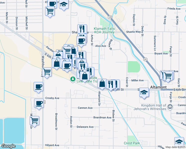 map of restaurants, bars, coffee shops, grocery stores, and more near 2159 Arthur Street in Klamath Falls