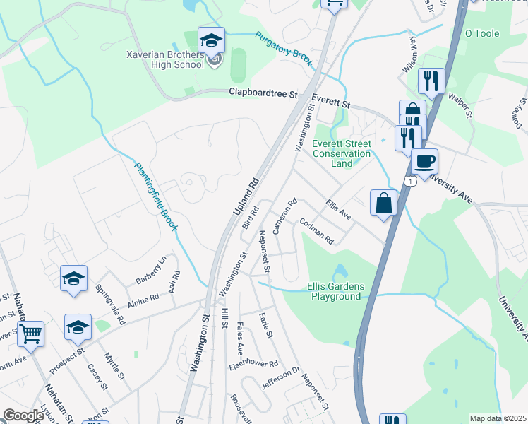 map of restaurants, bars, coffee shops, grocery stores, and more near 145 Washington Street in Norwood