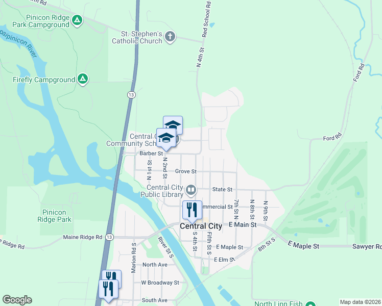 map of restaurants, bars, coffee shops, grocery stores, and more near 400 Barber Street in Central City