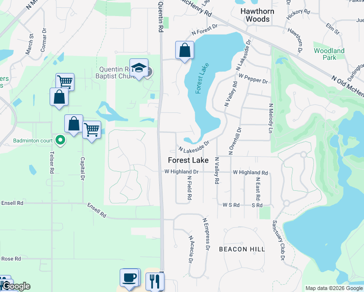 map of restaurants, bars, coffee shops, grocery stores, and more near 23762 North Lakeside Drive in Lake Zurich