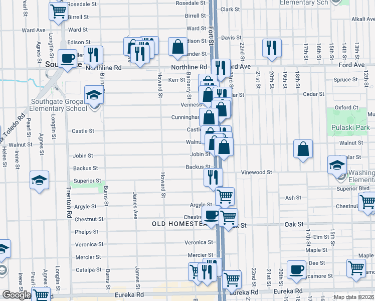 map of restaurants, bars, coffee shops, grocery stores, and more near 12784 Jobin Street in Southgate