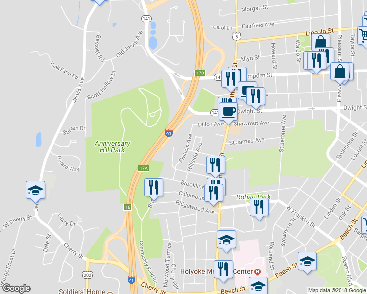 map of restaurants, bars, coffee shops, grocery stores, and more near 33 Francis Avenue in Holyoke