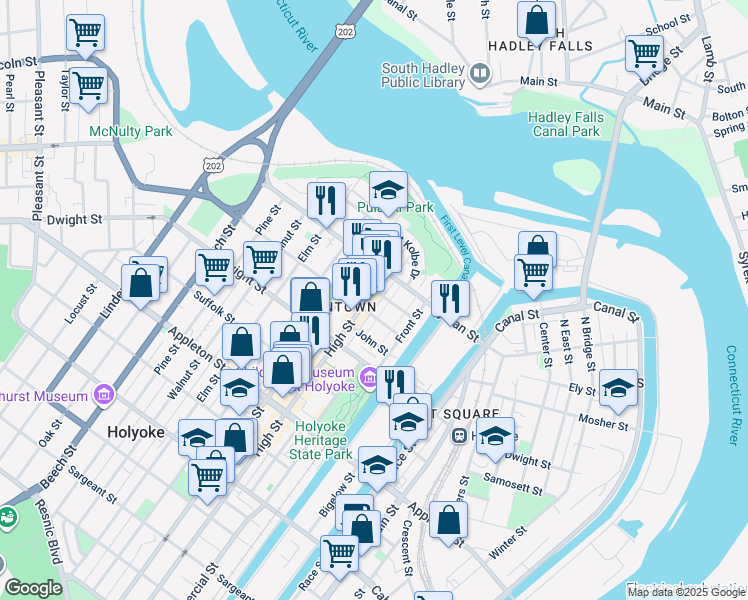 map of restaurants, bars, coffee shops, grocery stores, and more near 134 High Street in Holyoke
