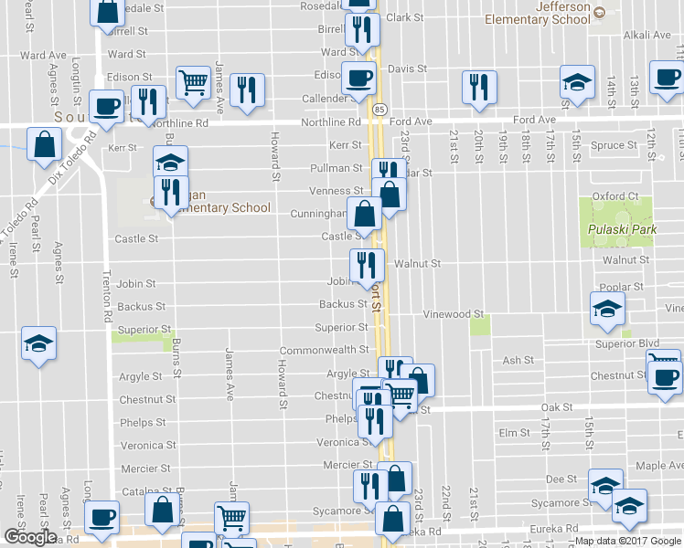 map of restaurants, bars, coffee shops, grocery stores, and more near 12784 Jobin St in Southgate